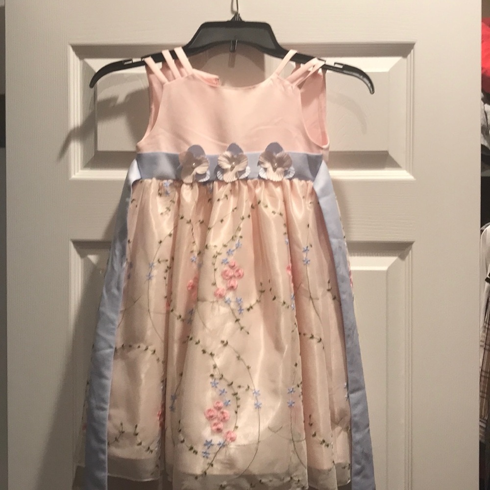 Girls light pink dress with blue ribbon